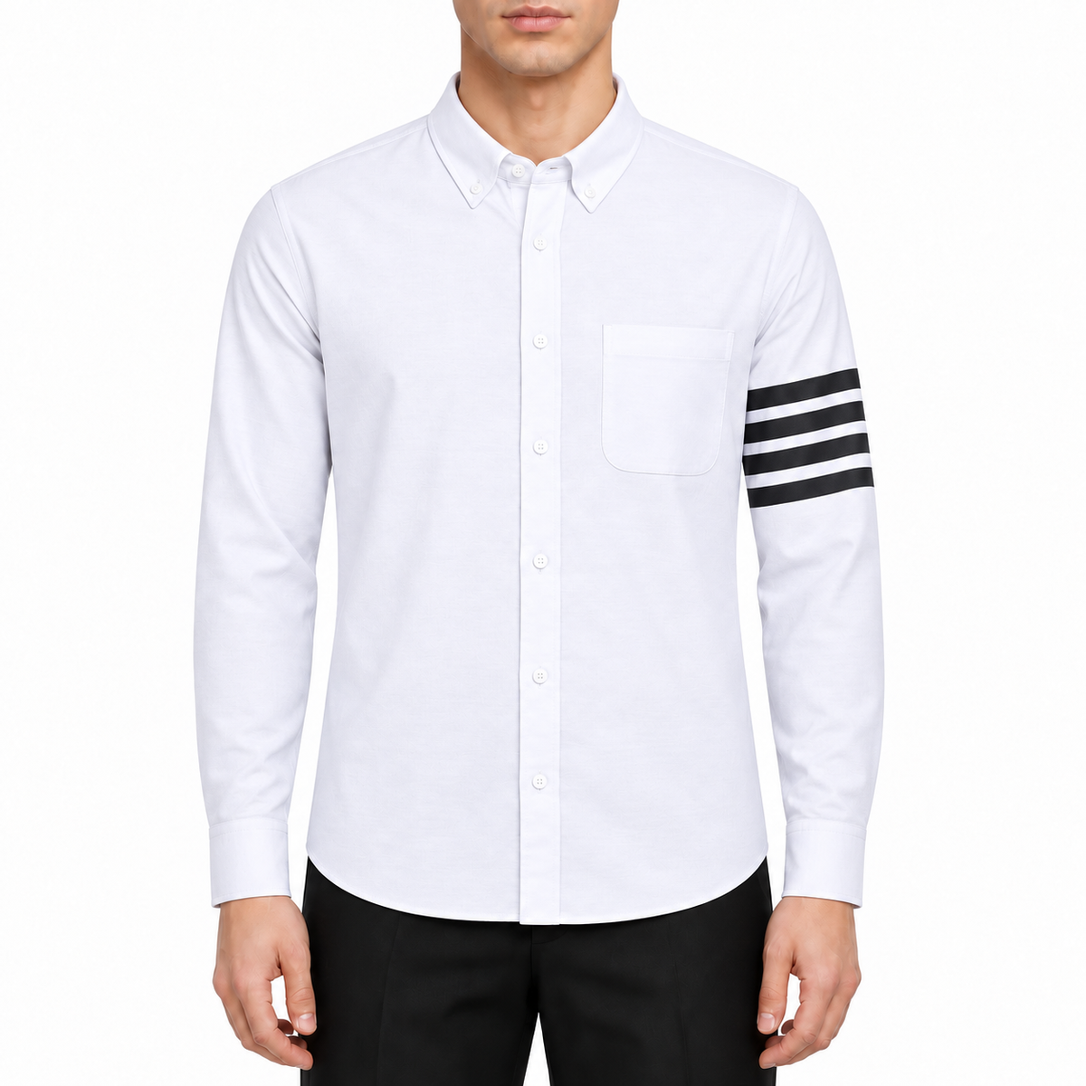 Four-Bar Oxford Casual Shirt by Thom Browne, modeled on a pure white background
