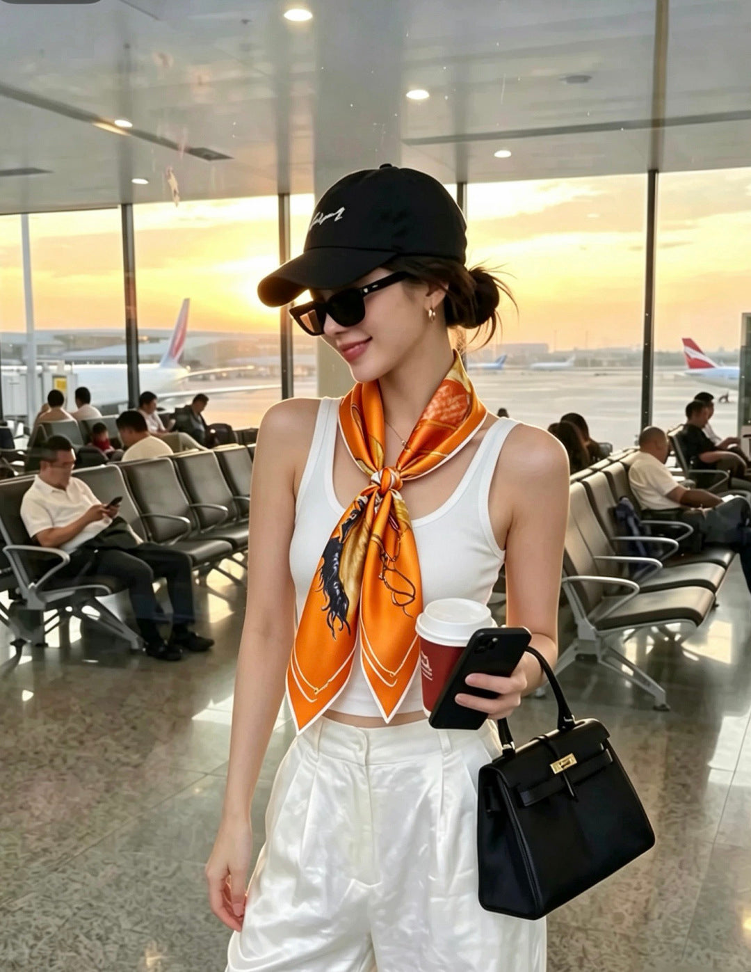 Hermes Style Galloping Free Equestrian Silk Scarf - Orange - Model Worn Main Image