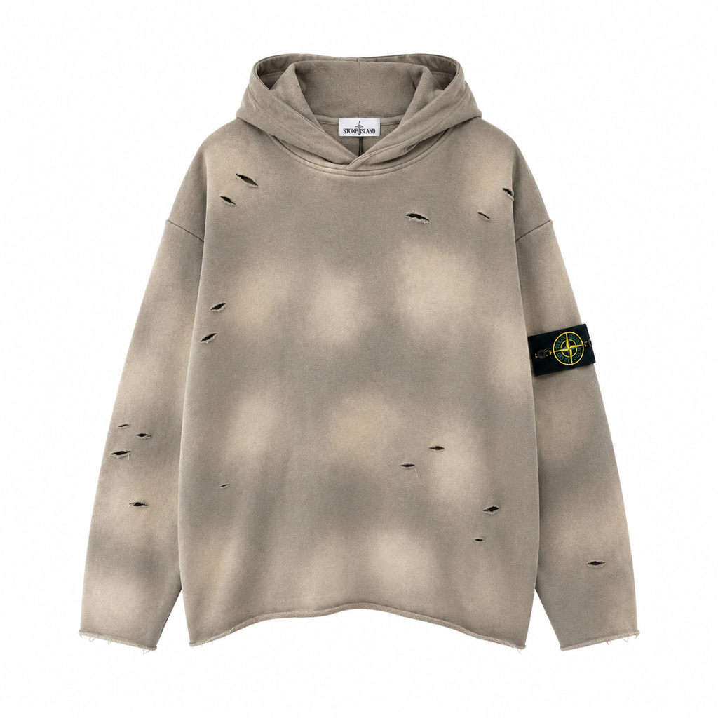 Stone Island 650 GSM Tie-Dye Distressed Pullover Hoodie - Gray front view