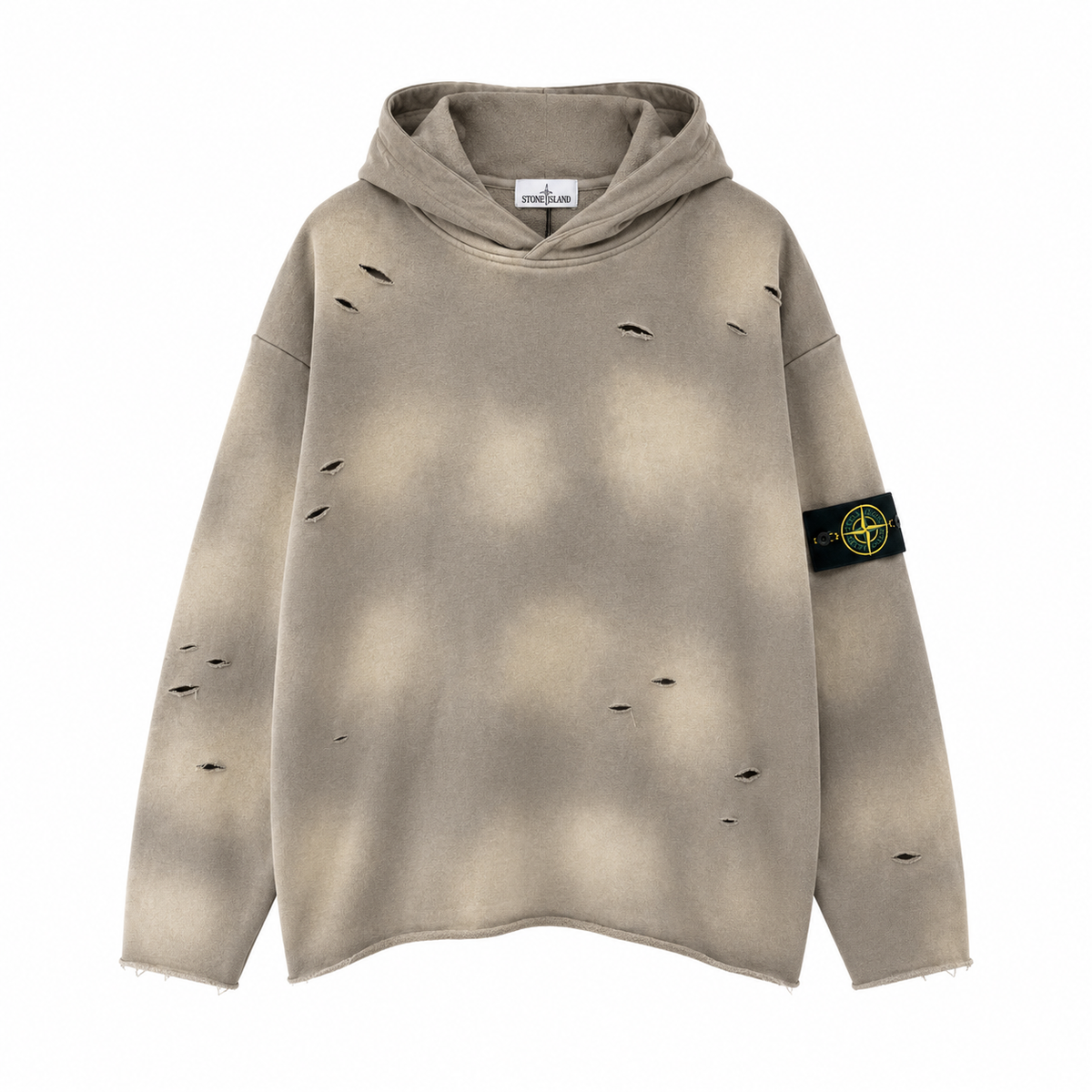 Stone Island 650 GSM Tie-Dye Distressed Pullover Hoodie - Gray front view