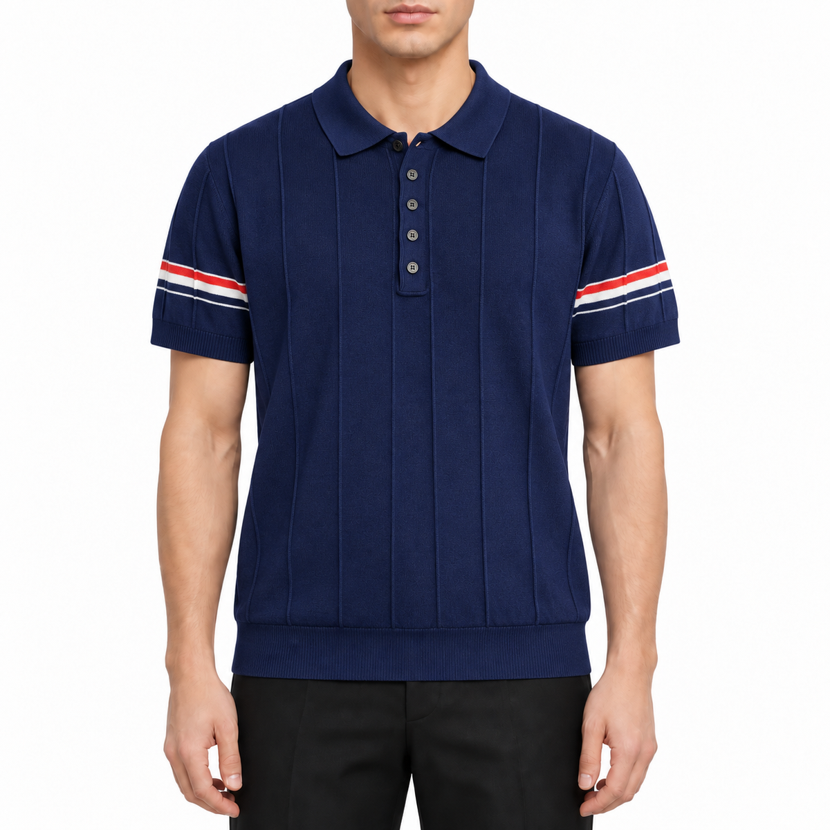 Knitted POLO shirt by Thom Browne, modeled on a pure white background
