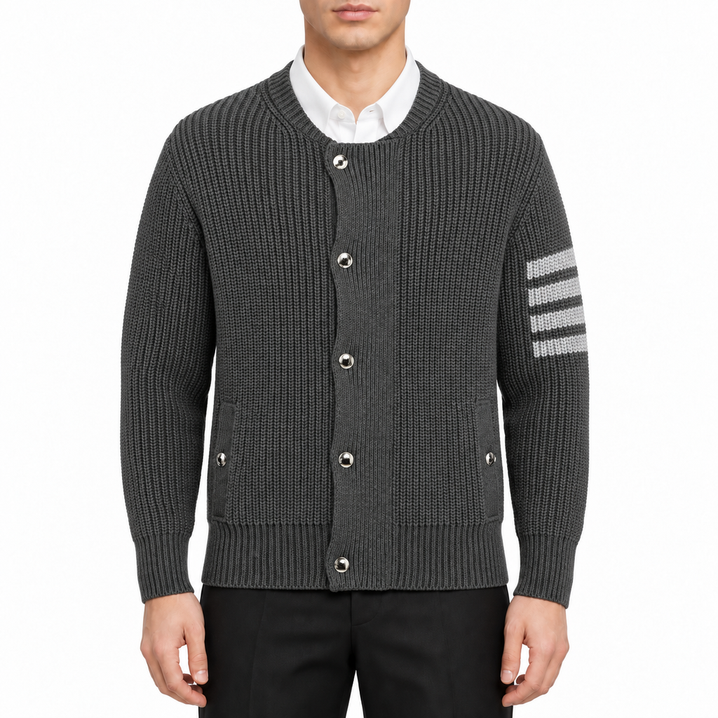 Men's Cardigan by Thom Browne, modeled on a pure white background