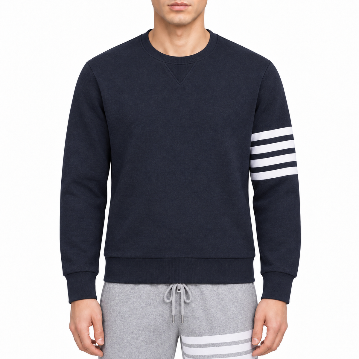 Men's Classic Four-Bar Sweatshirt by Thom Browne, modeled on a pure white background