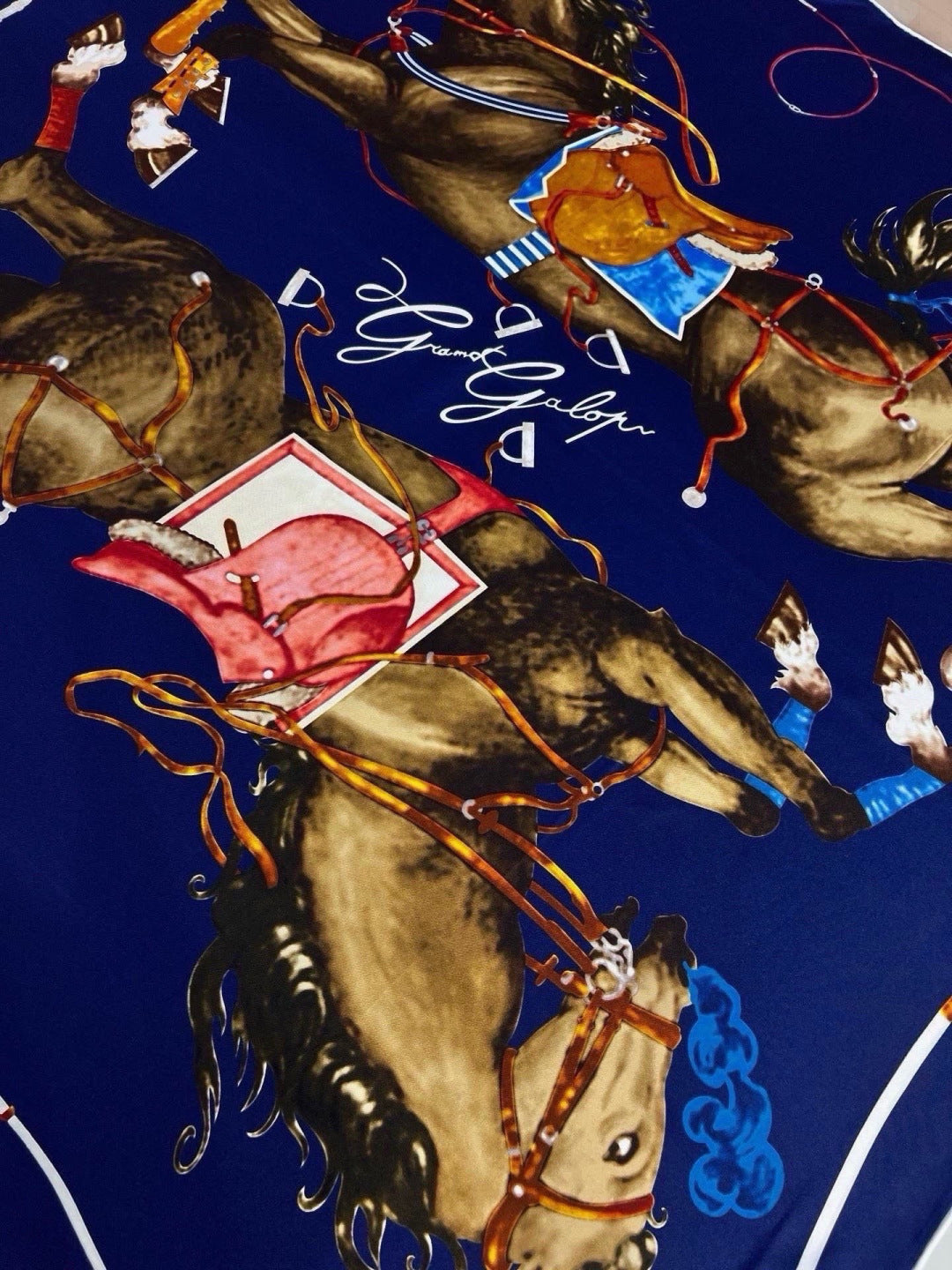 Hermes Style Galloping Free Equestrian Silk Scarf - Navy - Detail Image 2