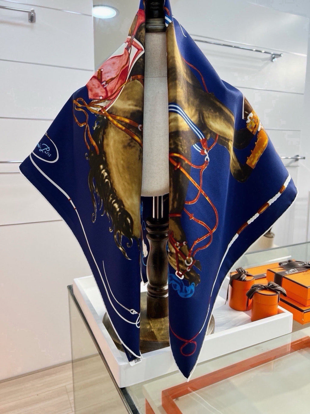 Hermes Style Galloping Free Equestrian Silk Scarf - Navy - Detail Image 3