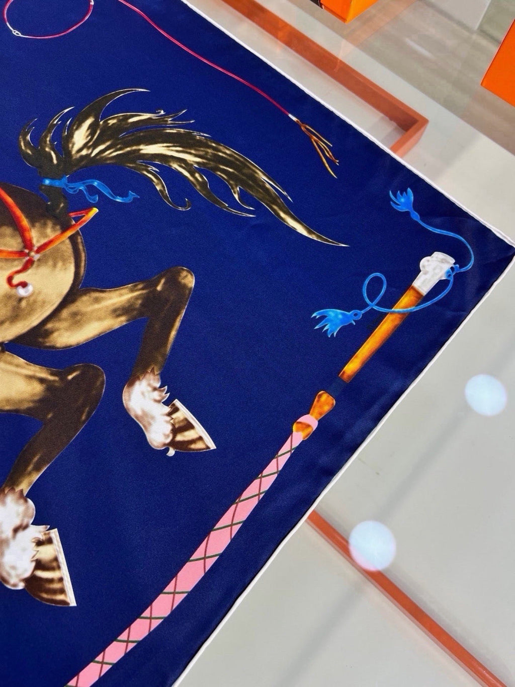 Hermes Style Galloping Free Equestrian Silk Scarf - Navy - Detail Image 4