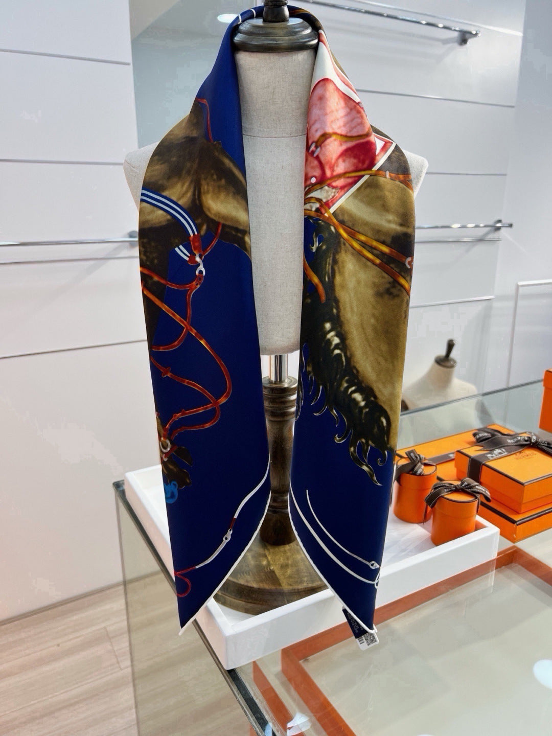Hermes Style Galloping Free Equestrian Silk Scarf - Navy - Detail Image 5
