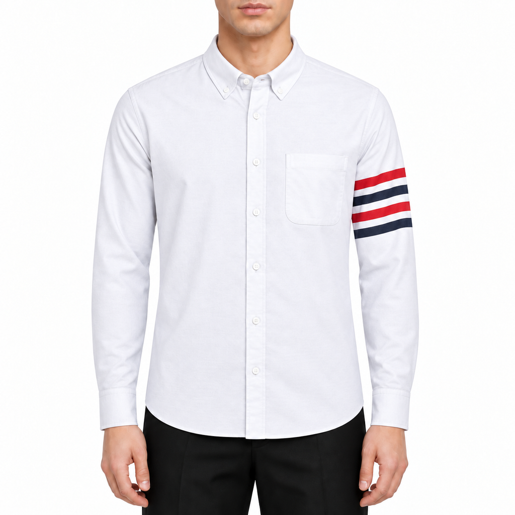 Casual Rainbow Shirt by Thom Browne, modeled on a pure white background