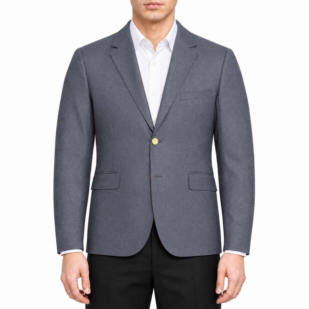 Casual suit by Thom Browne, modeled on a pure white background