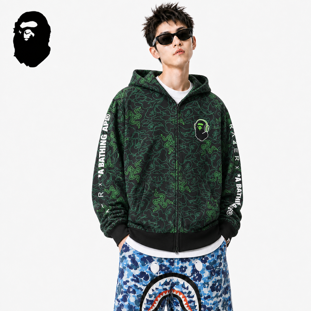 BAPE Snake Camo Shark Zip Hoodie styled on a male model