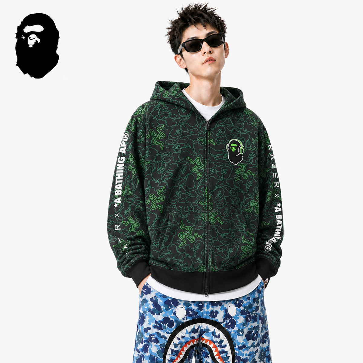 BAPE Snake Camo Shark Zip Hoodie styled on a male model