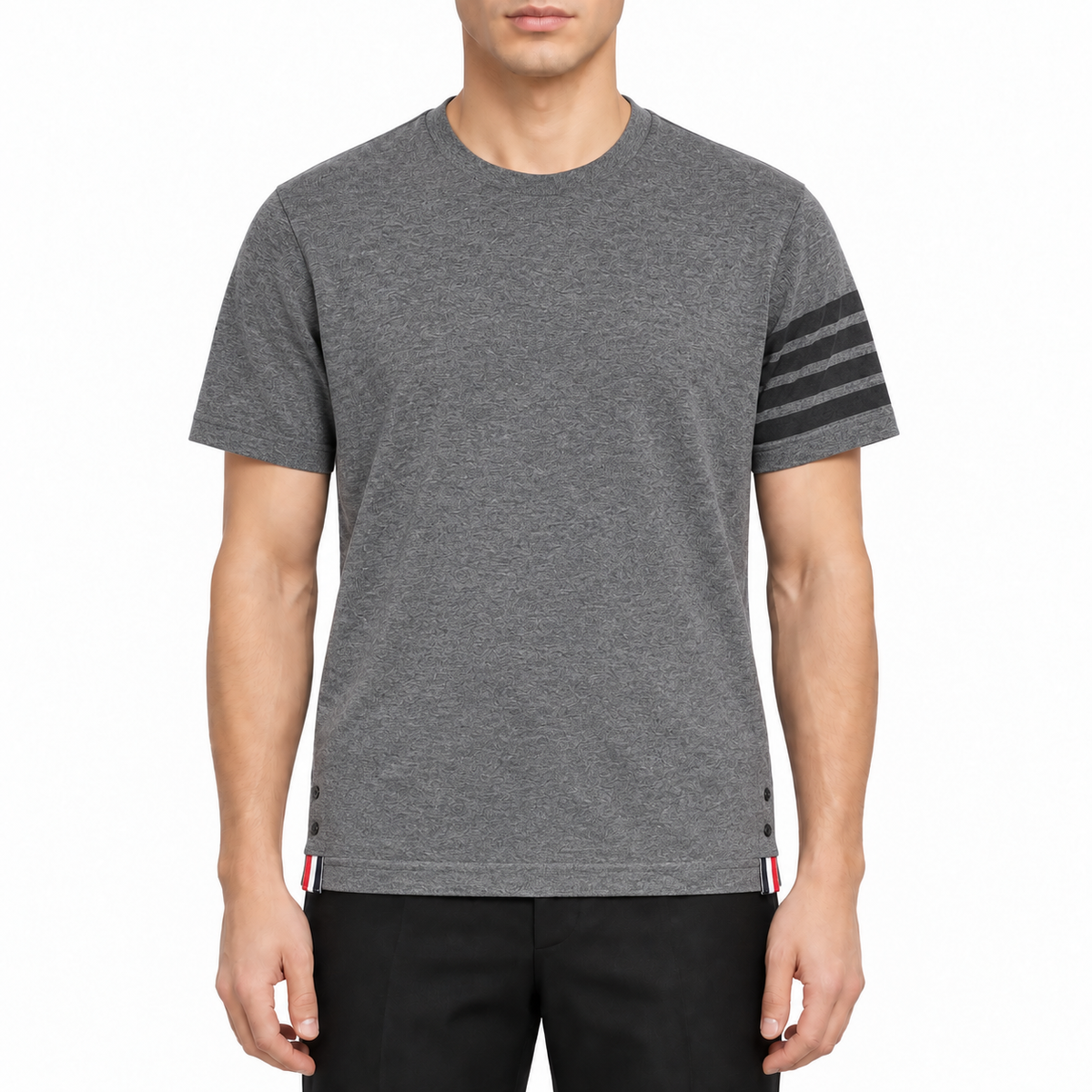 Men's Classic Four-Bar T-Shirt — Grey & Blue by Thom Browne, modeled on a pure white background