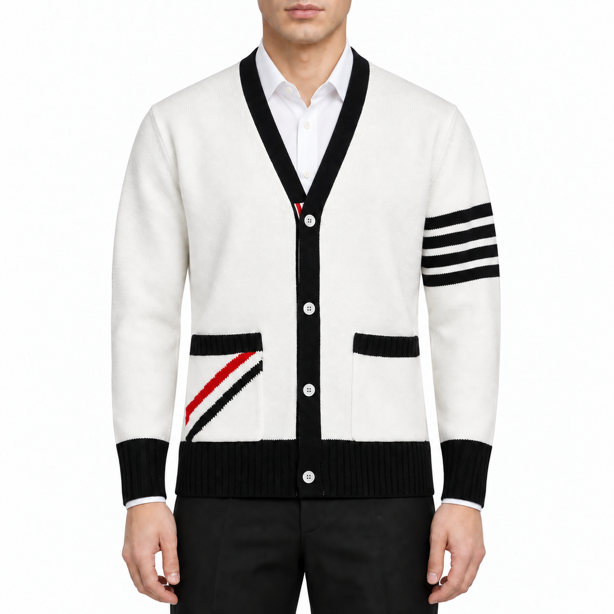Men's Casual Knitwear by Thom Browne, modeled on a pure white background