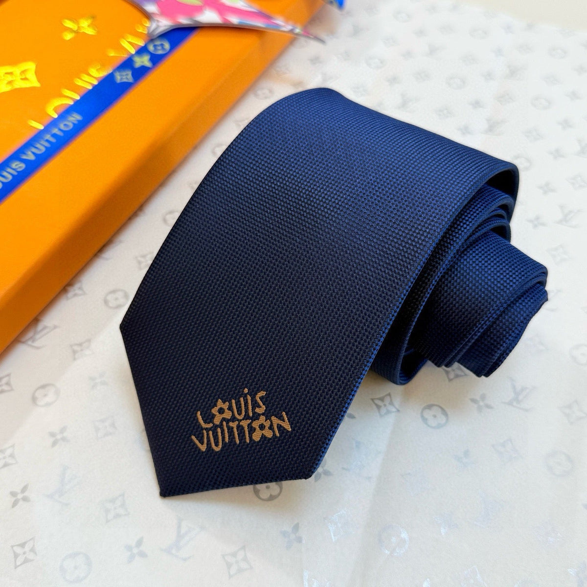 Louis Vuitton Style Men's Embroidered Logo Silk Tie - Detail Image 3