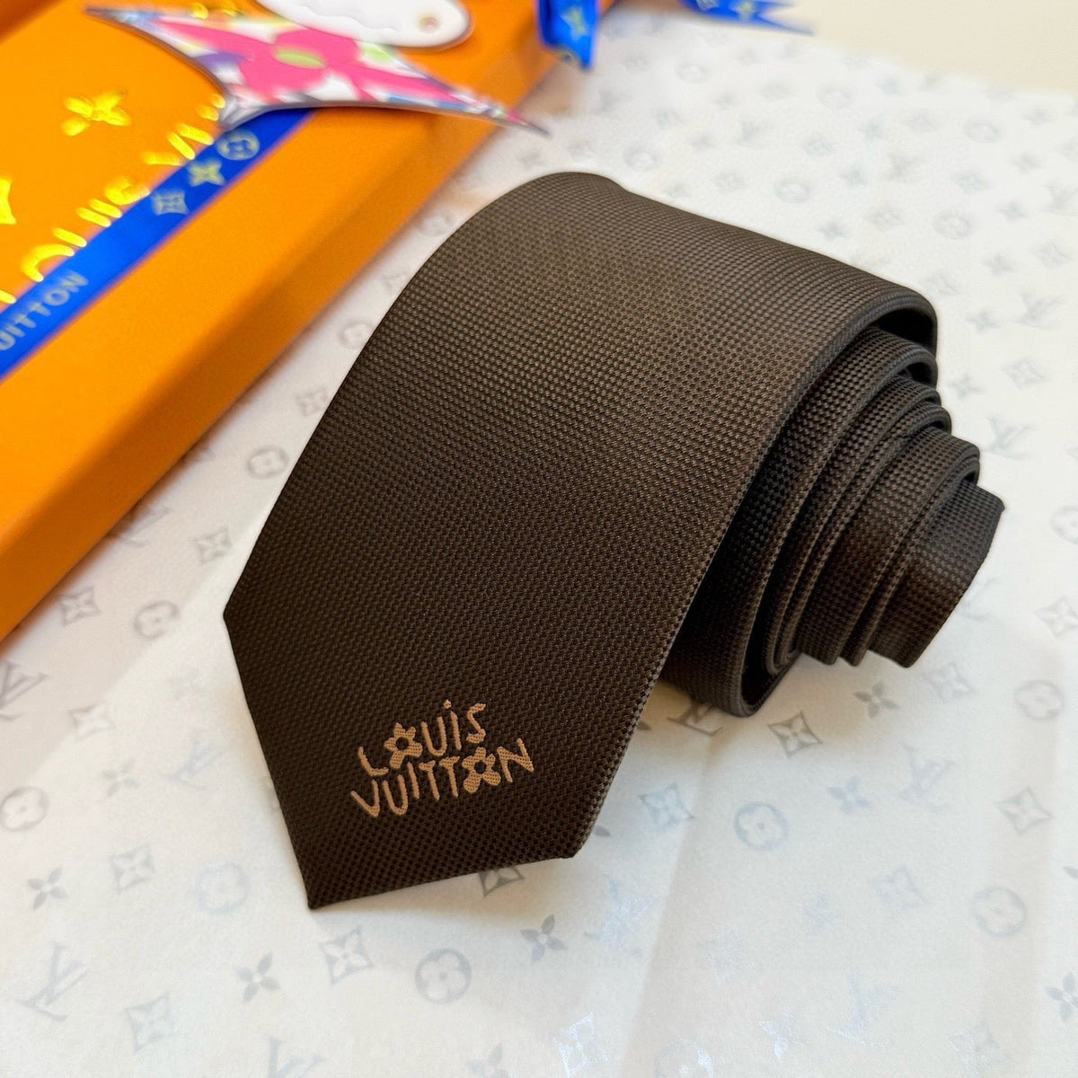 Louis Vuitton Style Men's Embroidered Logo Silk Tie - Detail Image 4