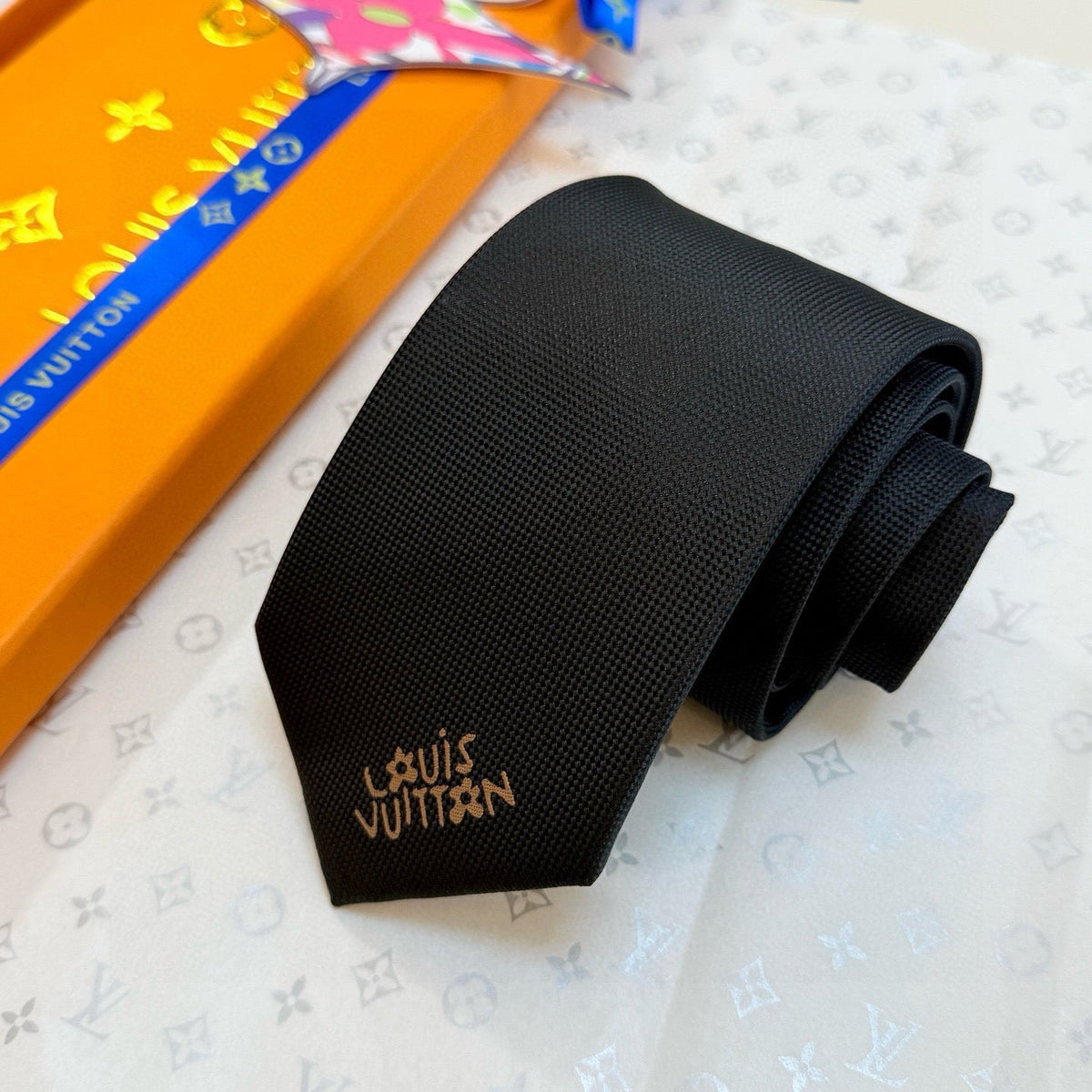 Louis Vuitton Style Men's Embroidered Logo Silk Tie - Detail Image 5