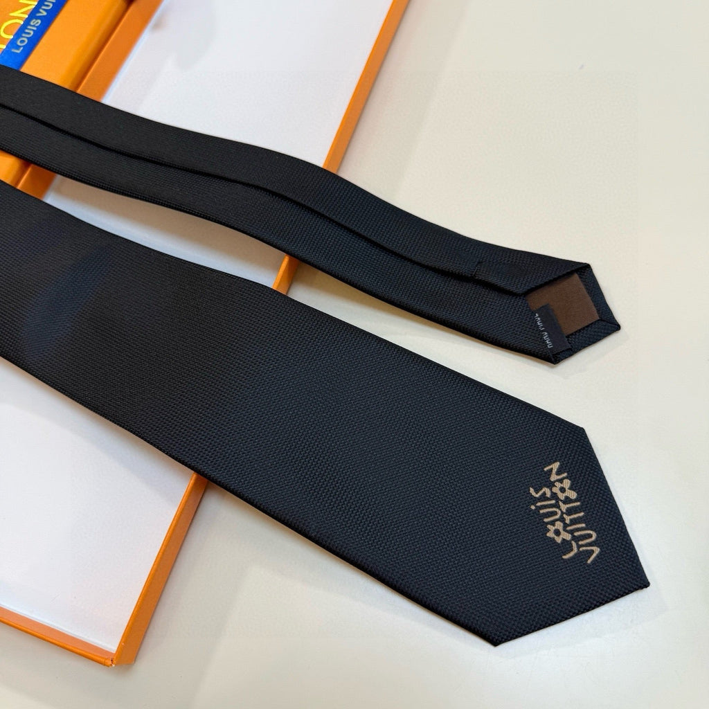 Louis Vuitton Style Men's Embroidered Logo Silk Tie - Detail Image 6