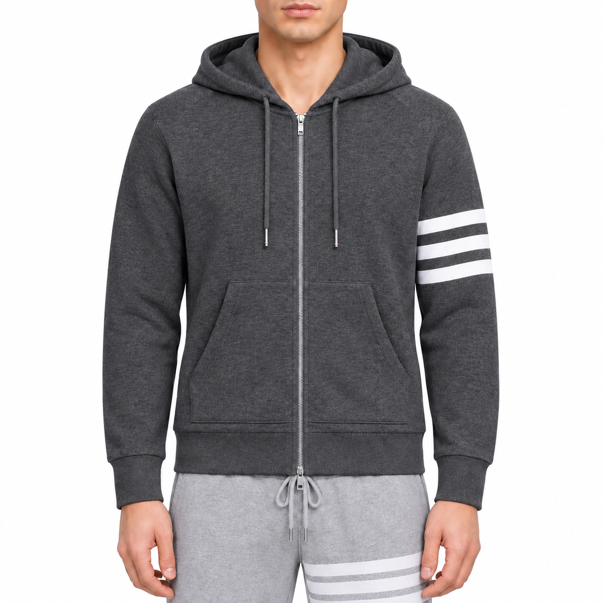 Four-bar Hoodie by Thom Browne, modeled on a pure white background