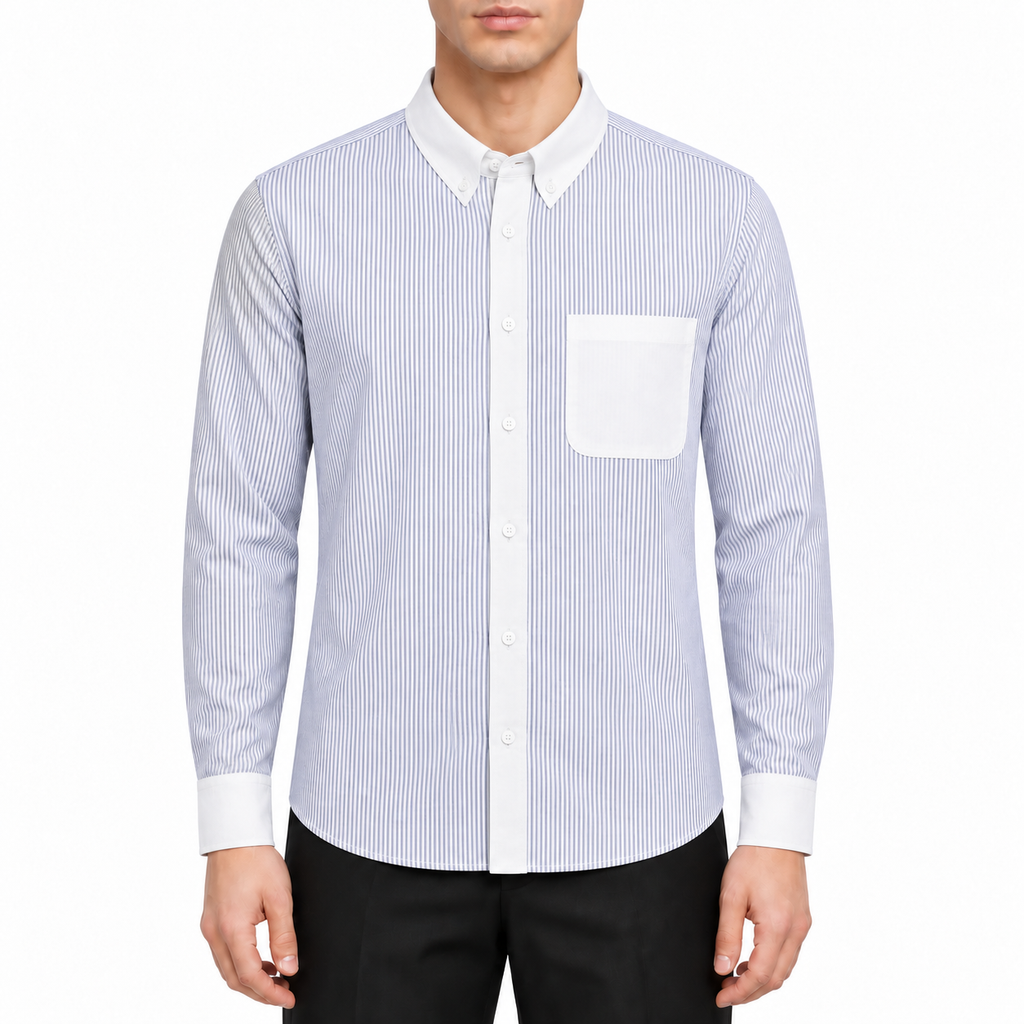 Men's Blue striped shirt by Thom Browne, modeled on a pure white background