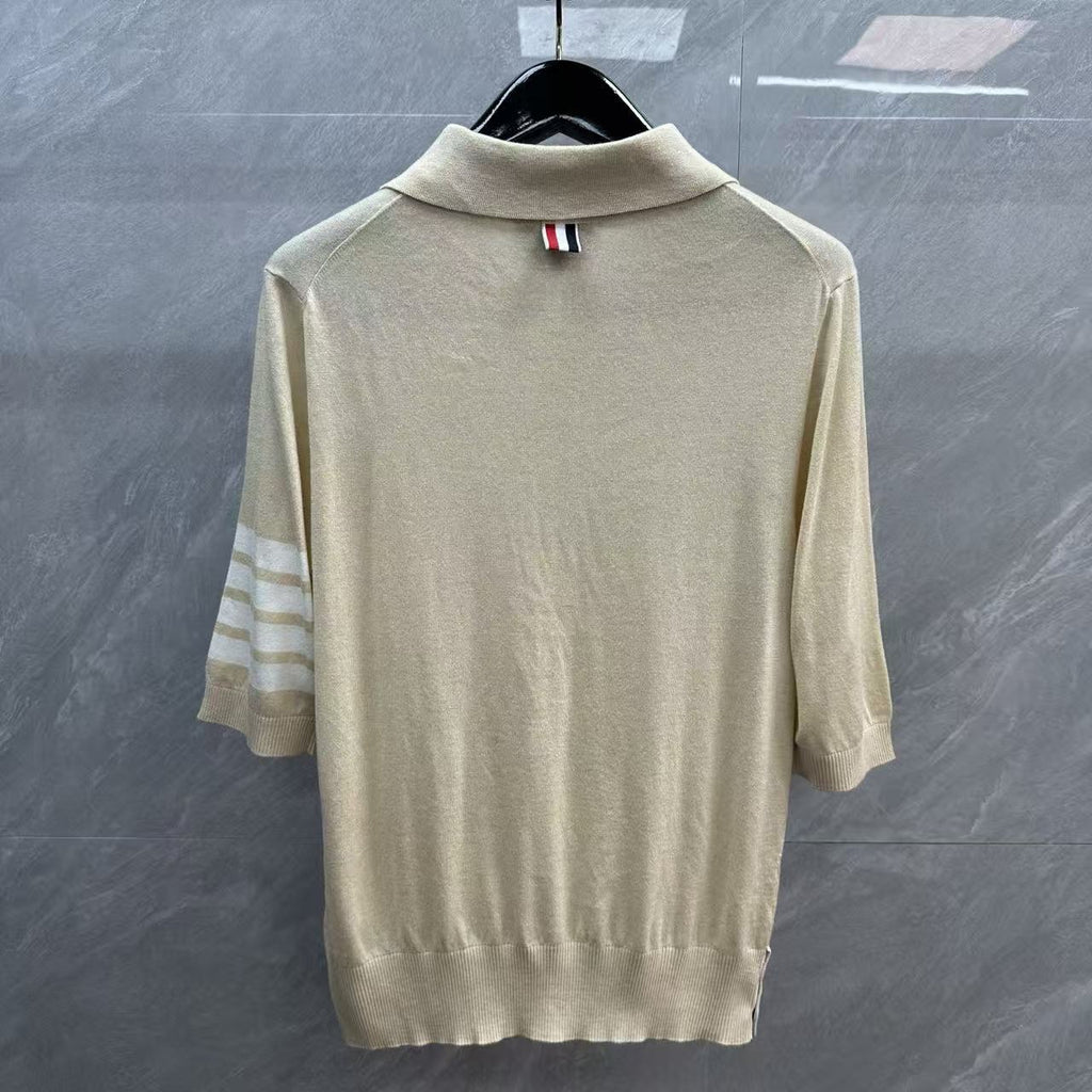 Four-Bar Polo Collar Short Sleeve Shirt by Thom Browne, product detail view