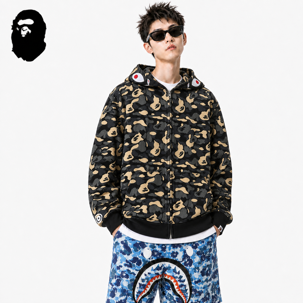 BAPE Black Camo Double-Hood Shark Zip Hoodie styled on a male model