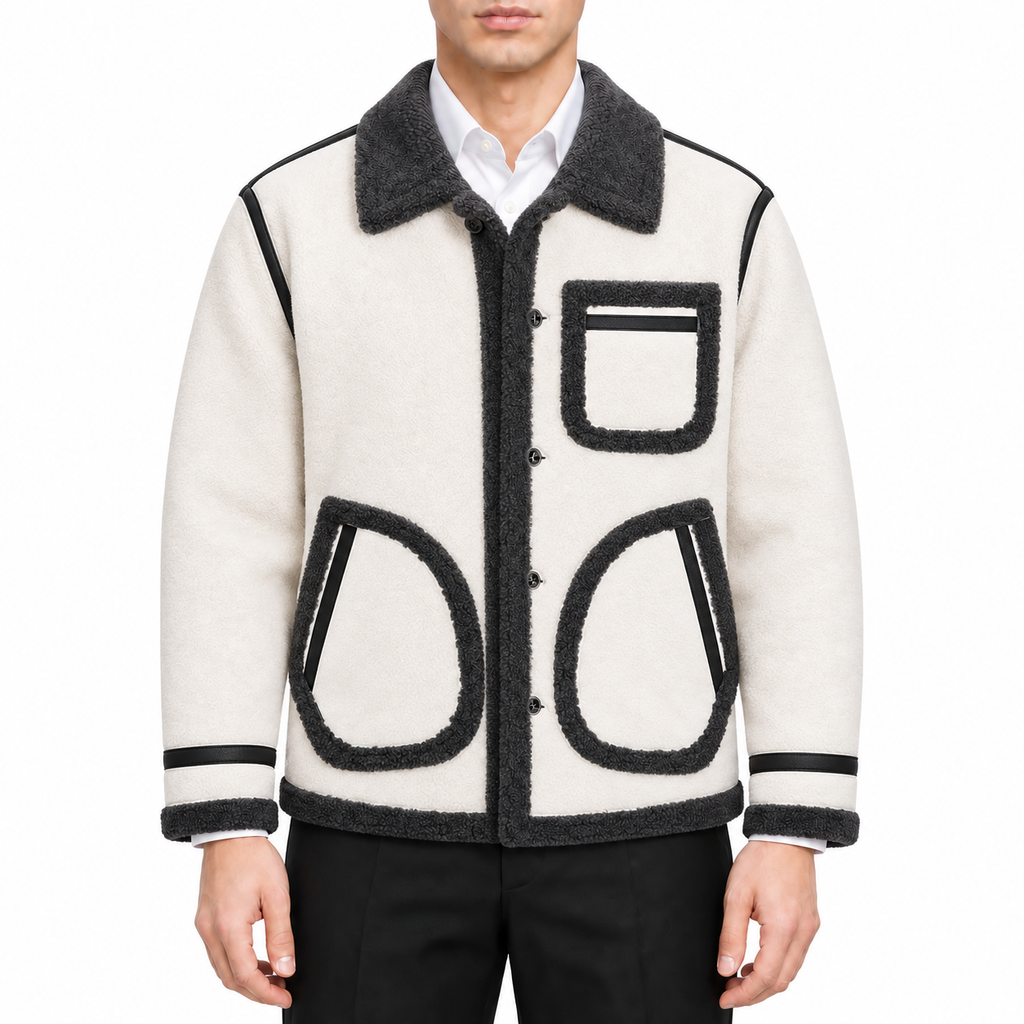 Lapel wool coat by Thom Browne, modeled on a pure white background