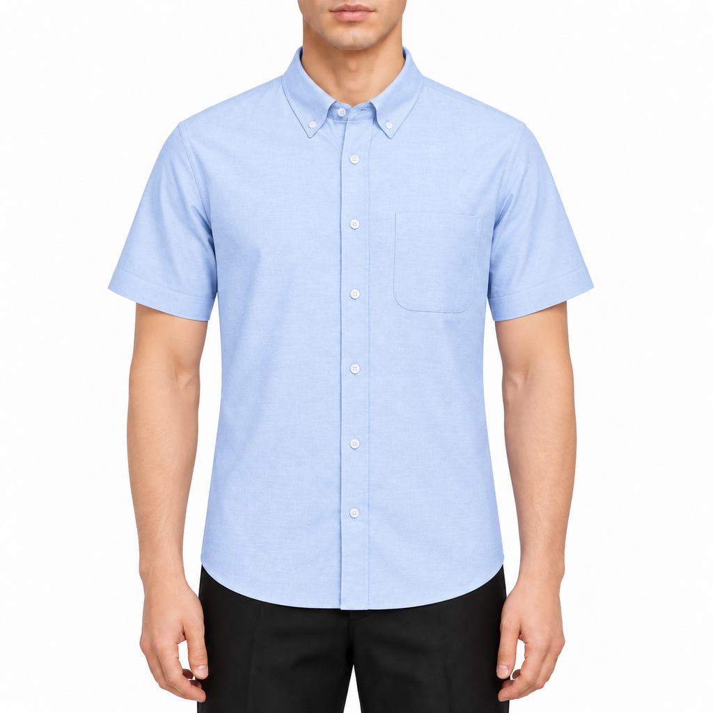 Men's shirt by Thom Browne, modeled on a pure white background