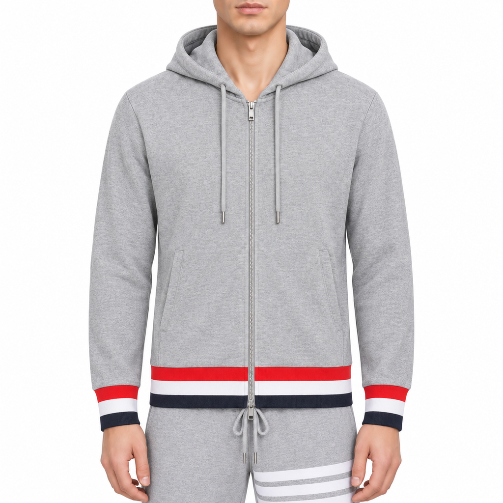 Unisex sweatshirts by Thom Browne, modeled on a pure white background
