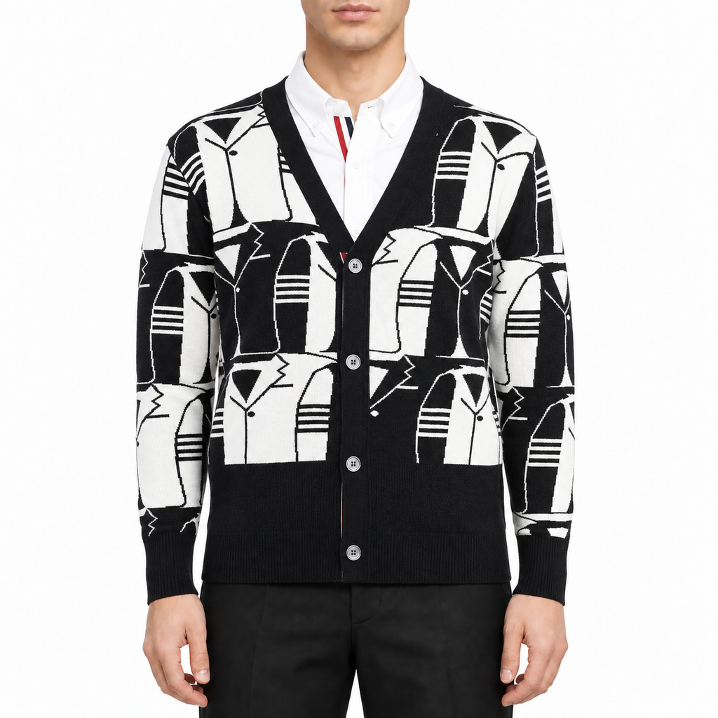 Men's Plaid Knitwear by Thom Browne, modeled on a pure white background