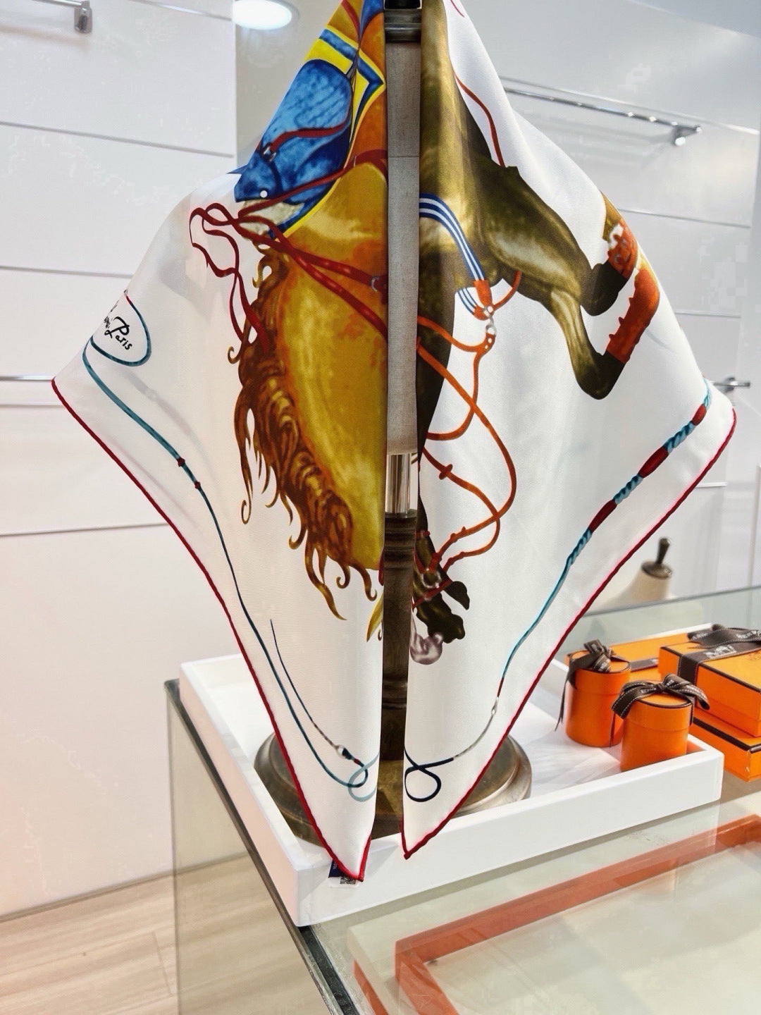 Hermes Style Galloping Free Equestrian Silk Scarf - White - Detail Image 3