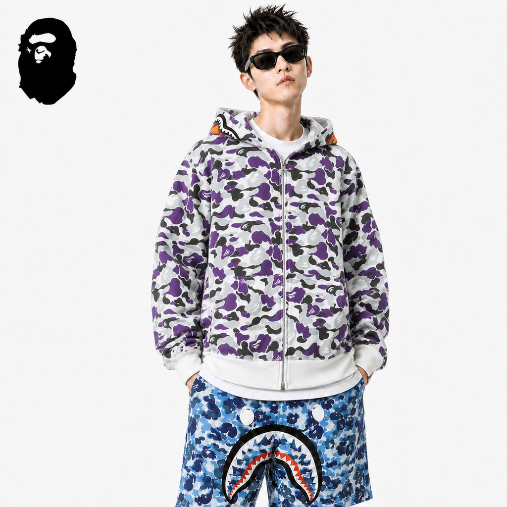 BAPE Purple Camo Double-Hood Shark Zip Hoodie styled on a male model