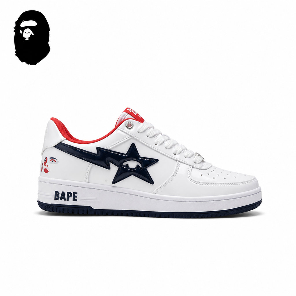 BAPE STA Low-Top Sneakers - White/Black/Red, single side view on a white background
