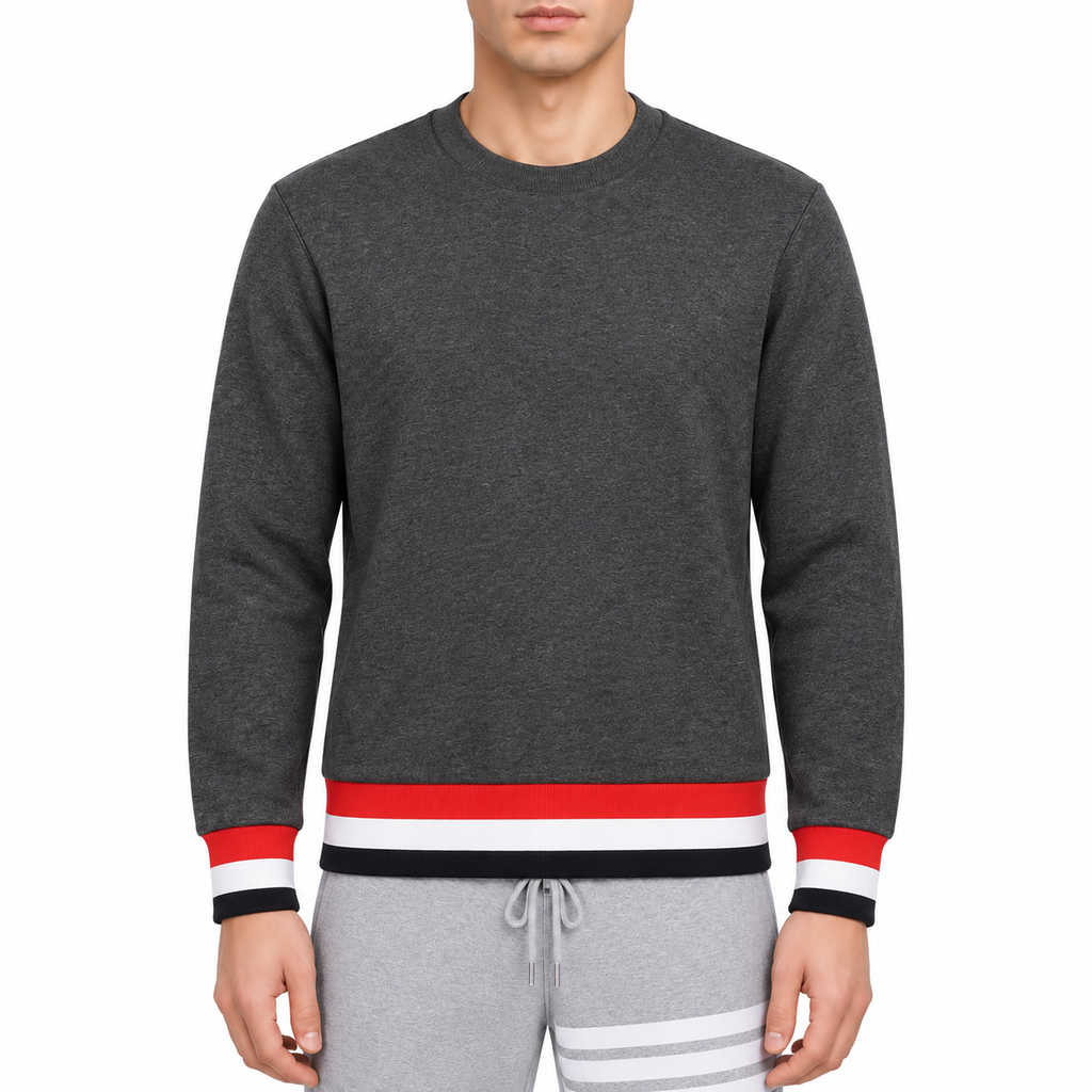Unisex pullover sweatshirt by Thom Browne, modeled on a pure white background