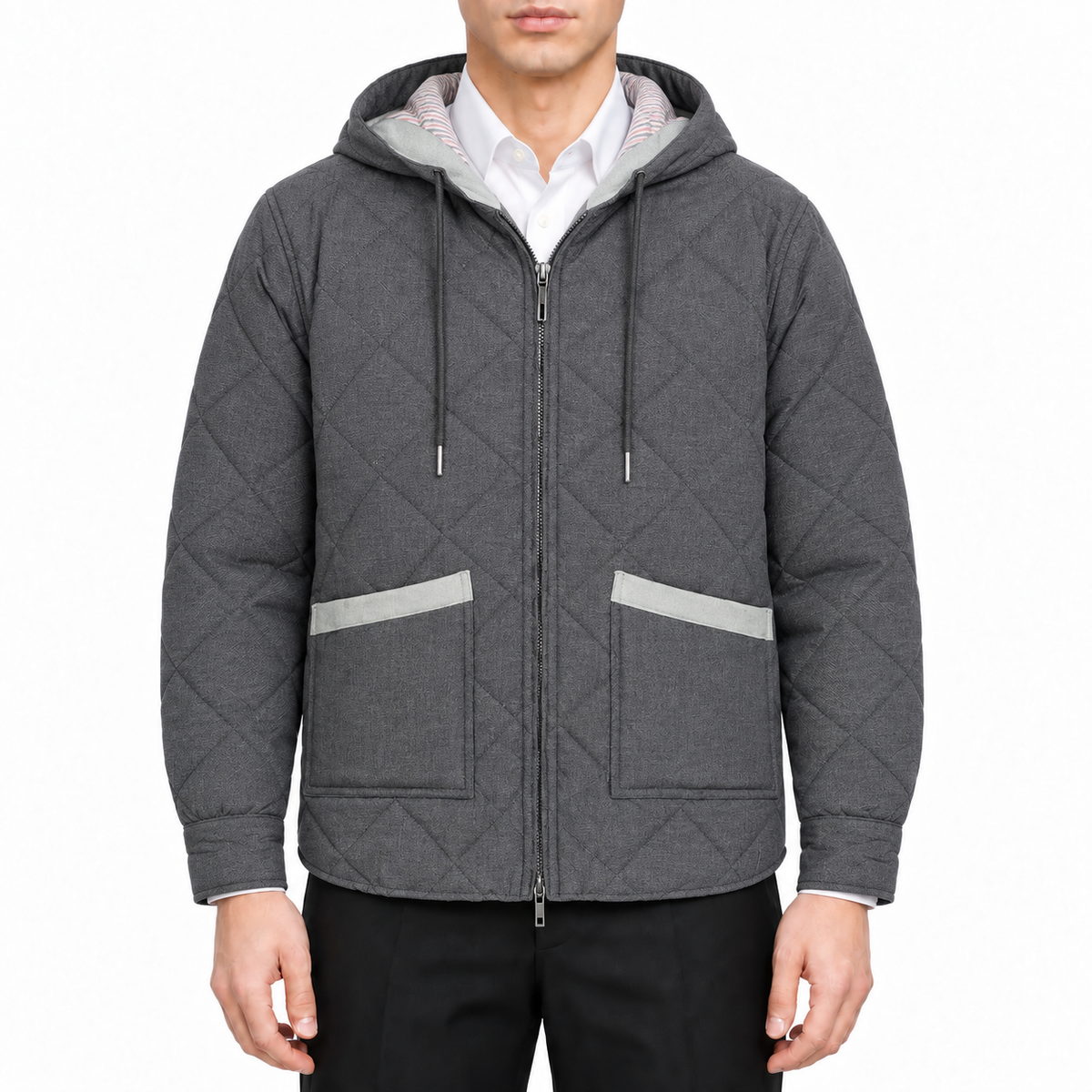 Women's coat by Thom Browne, modeled on a pure white background