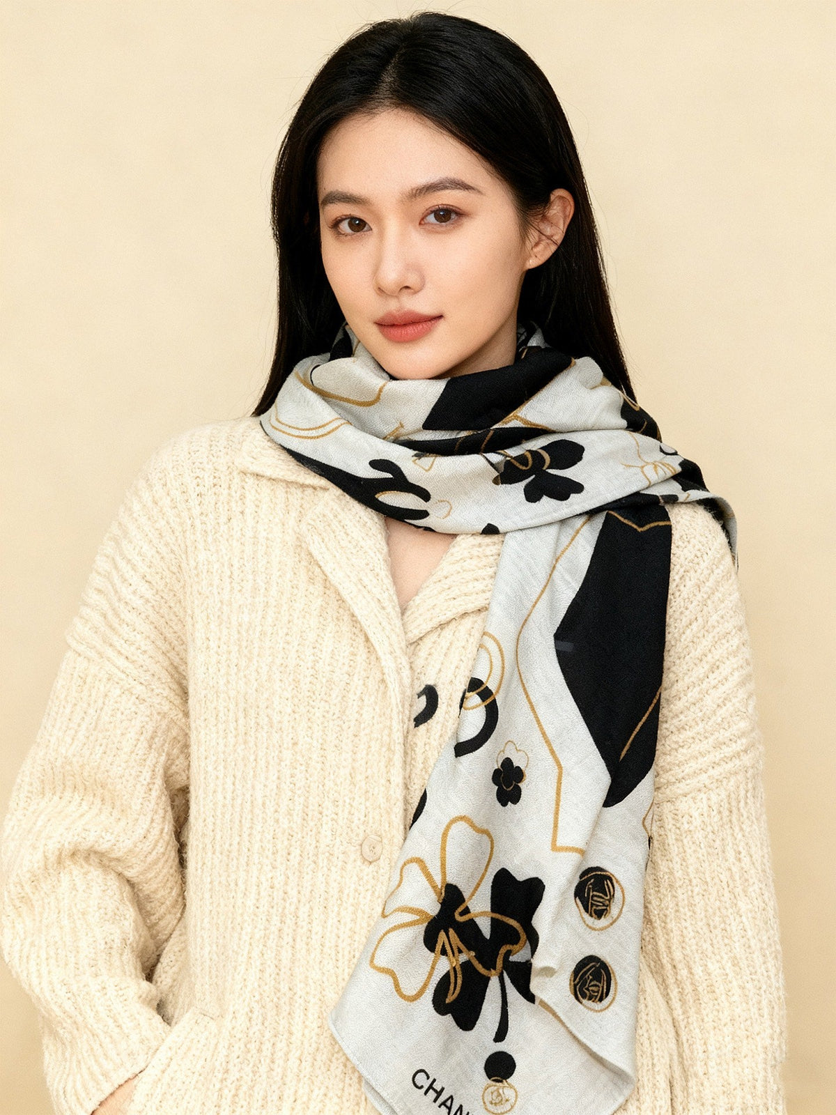 Chanel Style Coco Camellia Velvet Scarf - Black White - Detail Image 2