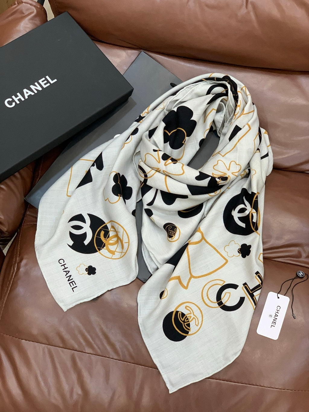 Chanel Style Coco Camellia Velvet Scarf - Black White - Detail Image 4