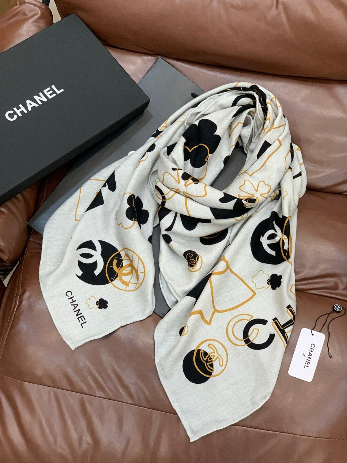 Chanel Style Coco Camellia Velvet Scarf - Black White - Detail Image 4
