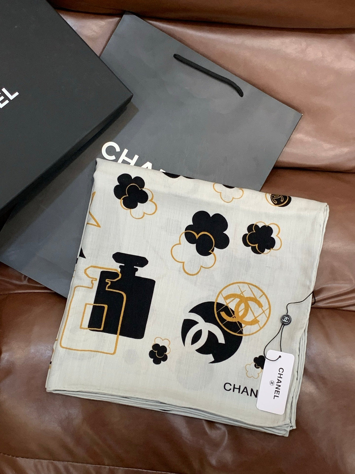 Chanel Style Coco Camellia Velvet Scarf - Black White - Detail Image 5