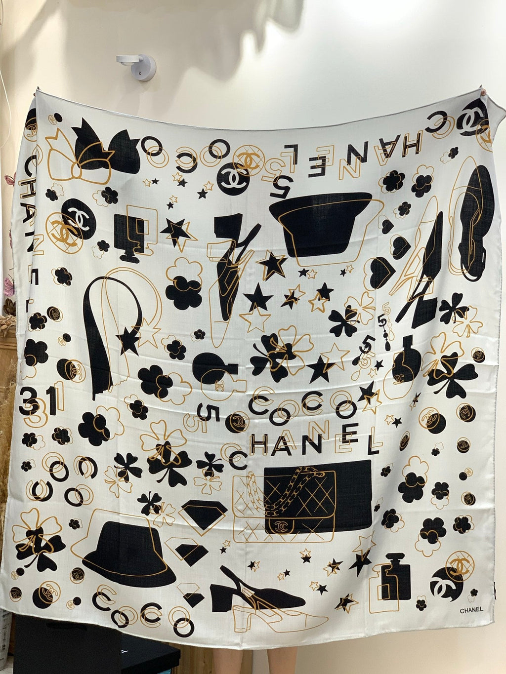 Chanel Style Coco Camellia Velvet Scarf - Black White - Detail Image 8
