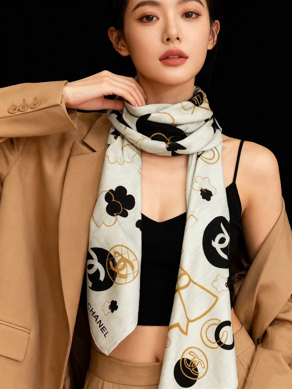 Chanel Style Coco Camellia Velvet Scarf - Black White - Model Worn Main Image