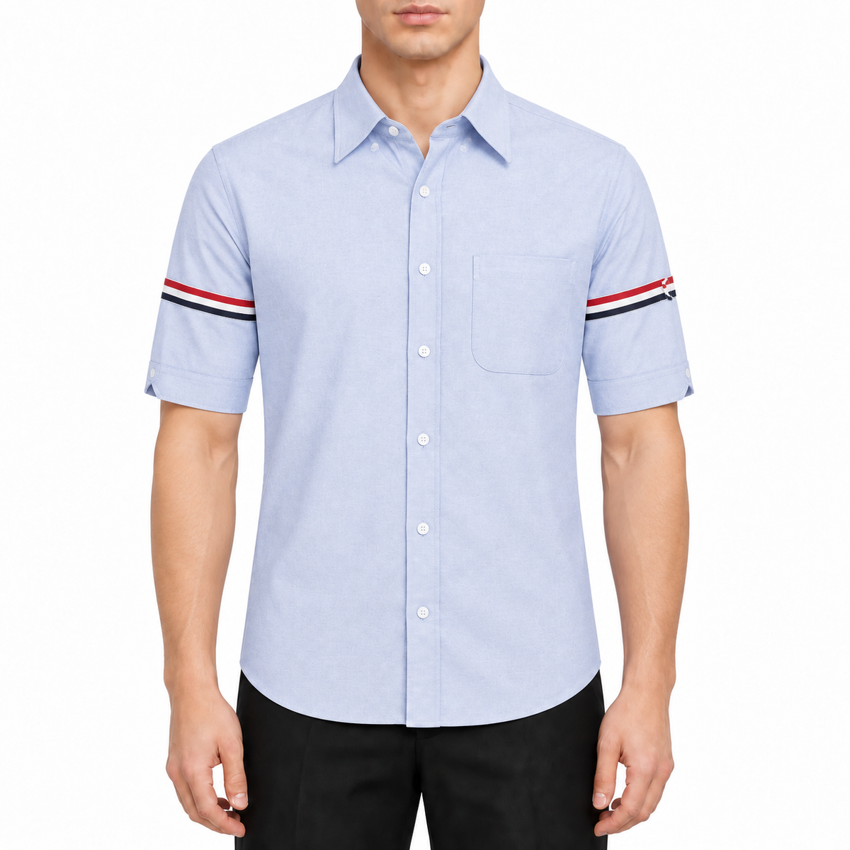 Men's Short shirt by Thom Browne, modeled on a pure white background