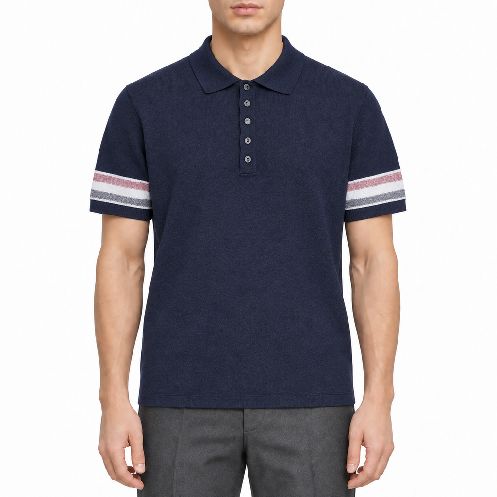 Men's Casual Polo Shirt — Blue & White by Thom Browne, modeled on a pure white background