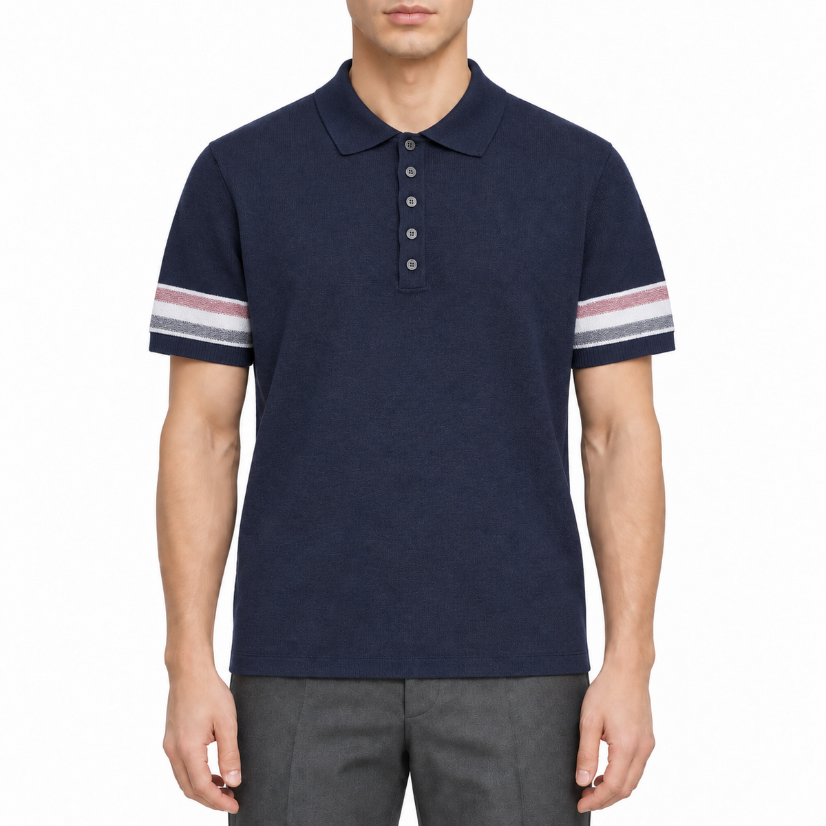 Men's Casual Polo Shirt — Blue & White by Thom Browne, modeled on a pure white background