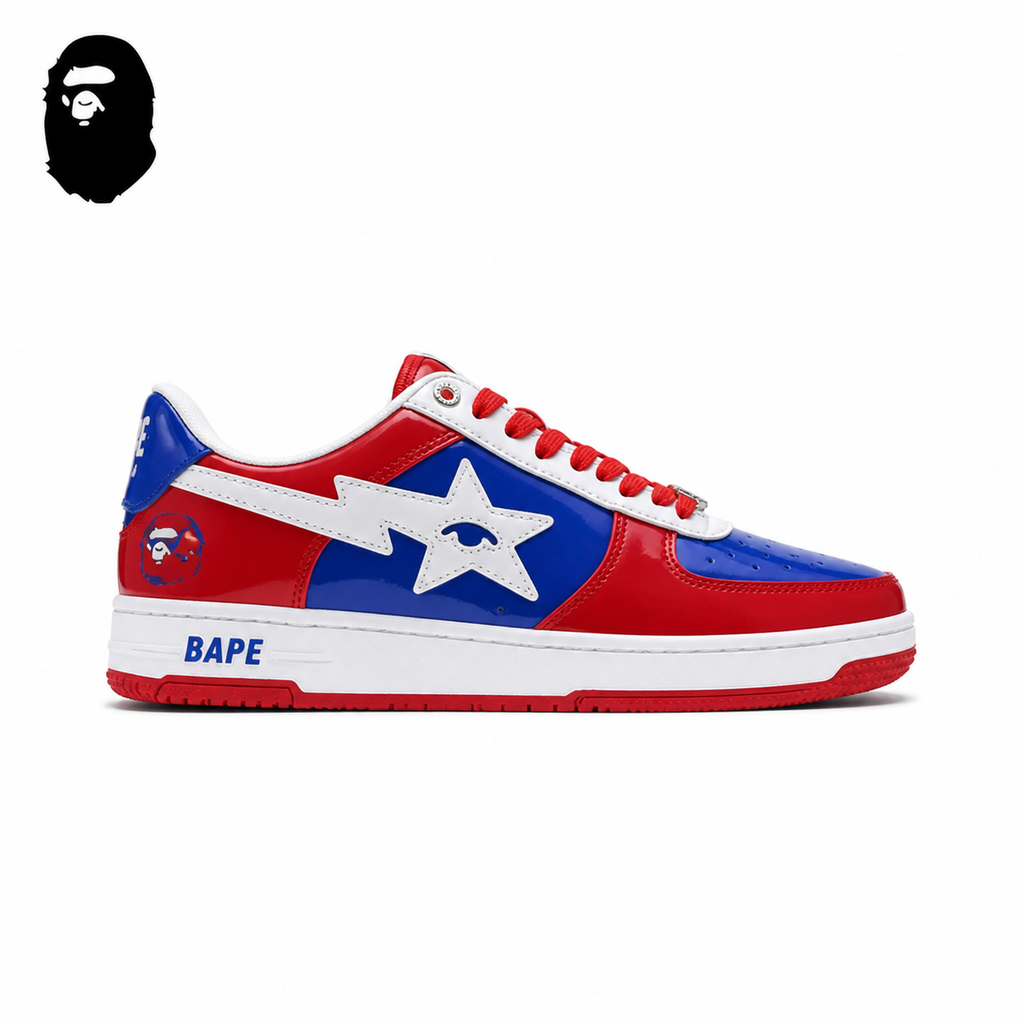 BAPE STA Low-Top Sneakers - Red/Blue/White, single side view on a white background