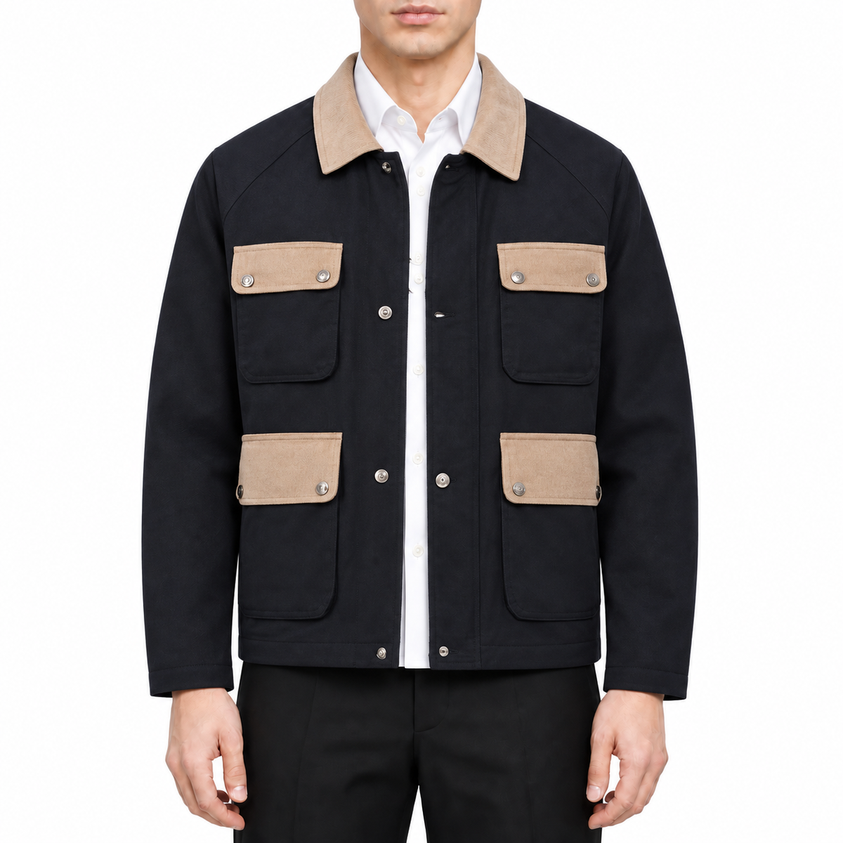 Multi-pocket jacket by Thom Browne, modeled on a pure white background