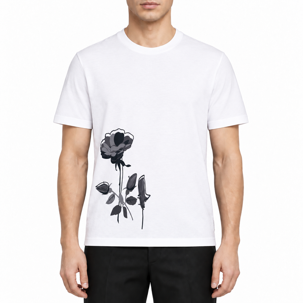 Men's T-shirts by Thom Browne, modeled on a pure white background