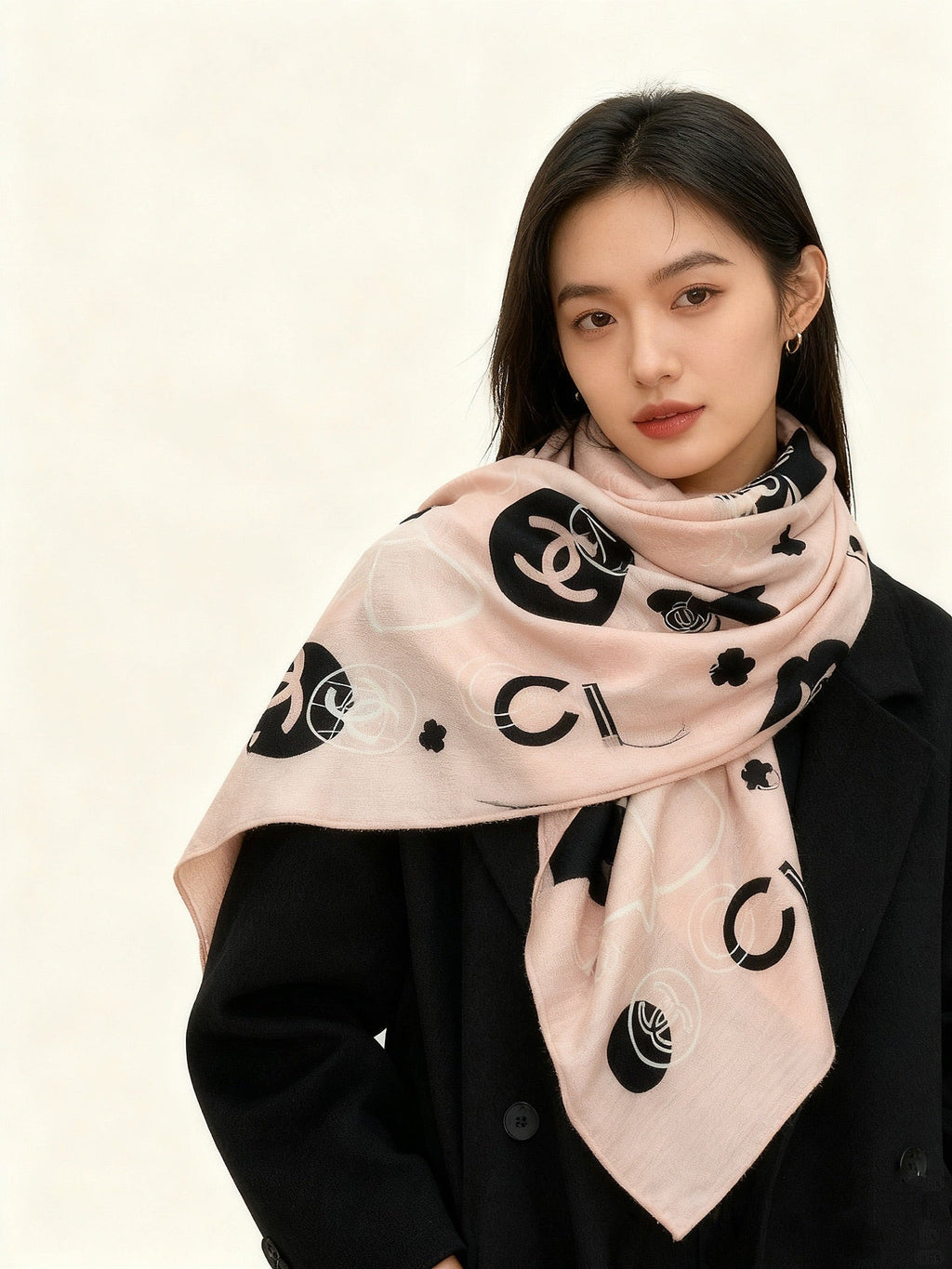 Chanel Style Coco Camellia Velvet Scarf - Pink - Model Worn Main Image