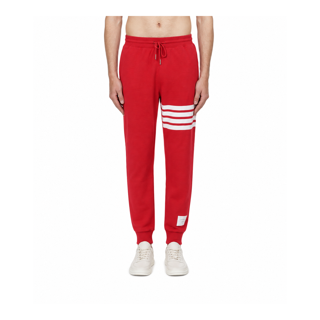 Thom Browne Style Unisex red sweatpants with Signature Four-Bar Detail - Main Image