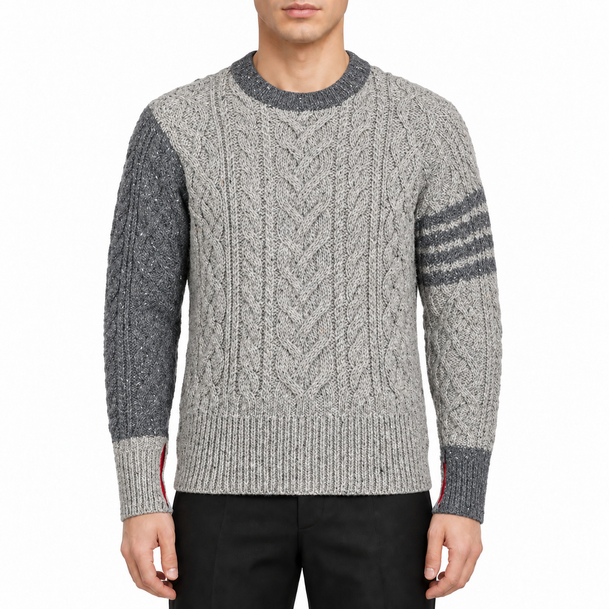 Men's Thickened Sweater by Thom Browne, modeled on a pure white background