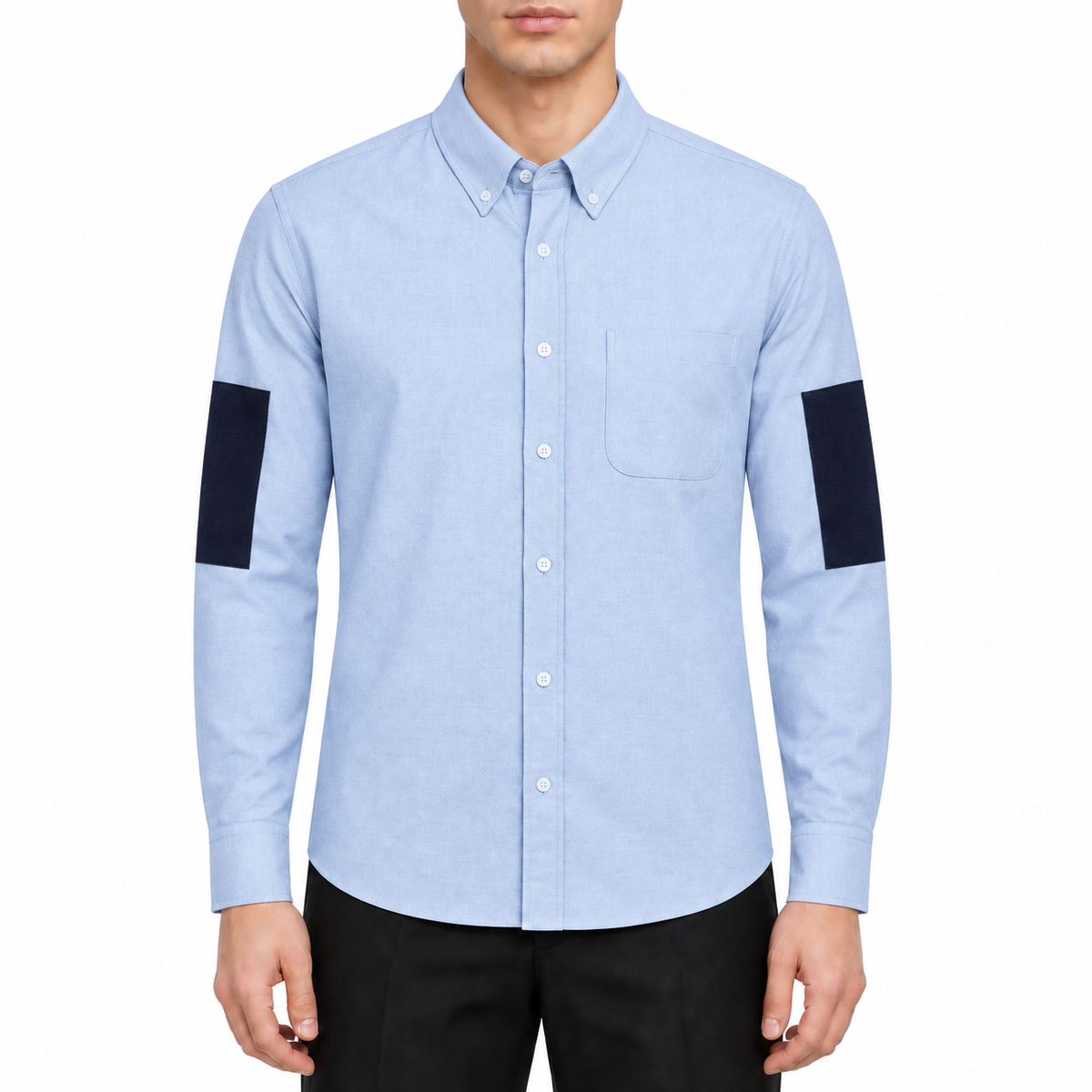 Men's Double Sleeve Patches Contrast Shirt by Thom Browne, modeled on a pure white background